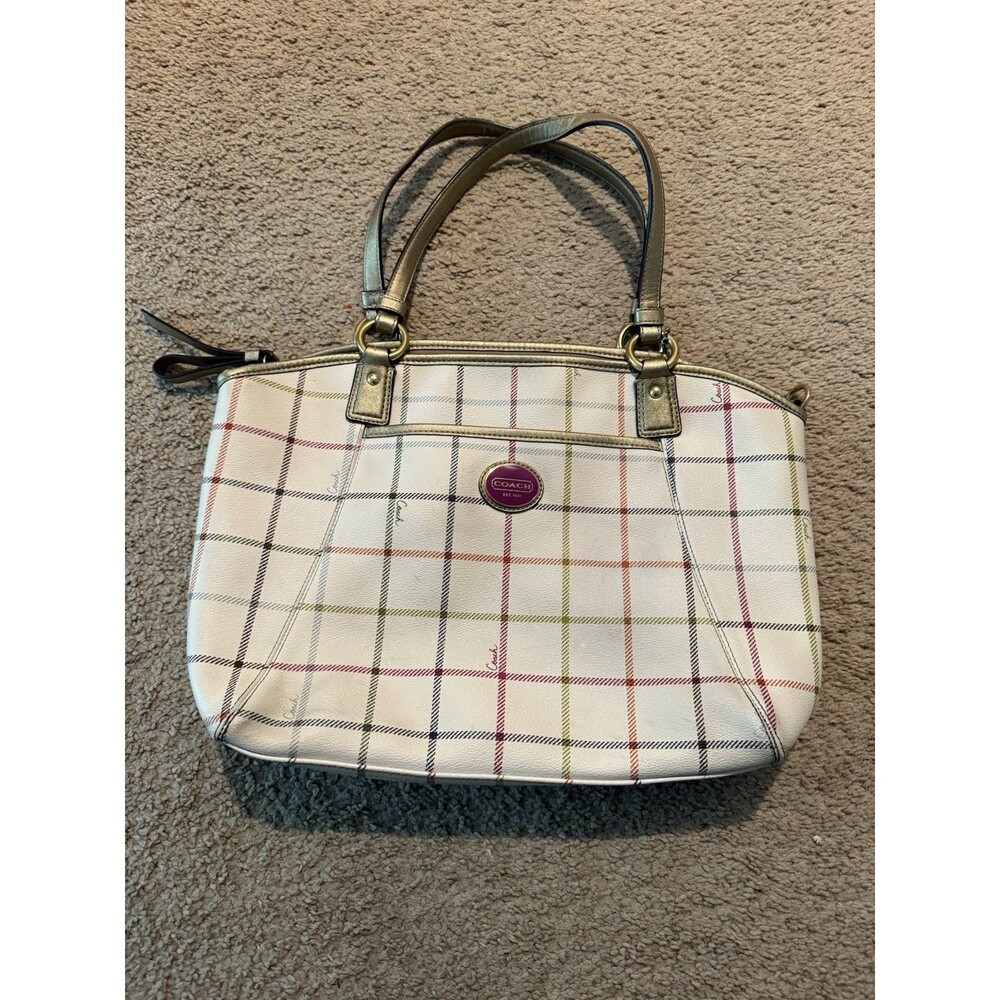 Coach Peyton Tattersall Tote Purse Handbag Ivory Plaid